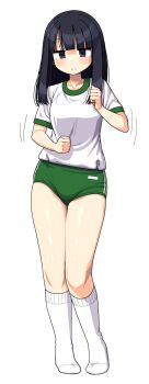 1girl black_eyes black_hair blunt_bangs blush breasts buruma closed_mouth collarbone full_body green_buruma gym_shirt gym_uniform highres kneehighs long_hair looking_at_viewer maruput medium_breasts motion_lines no_shoes original shirt short_sleeves simple_background socks solo standing white_background white_shirt white_socks
