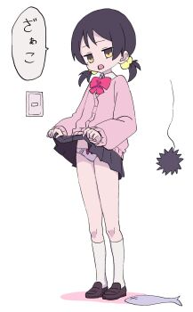1girl black_hair black_skirt bow bow_panties bowtie brown_shoes cardigan clothes_lift fish highres jitome kaai_yuki kneehighs lifting_own_clothes light_switch loafers long_sleeves looking_at_viewer low_twintails miniskirt momomatang open_mouth panties pink_cardigan pleated_skirt red_bow red_bowtie school_uniform sea_urchin shoes short_twintails simple_background skirt skirt_lift socks solo speech_bubble standing switch twintails underwear vocaloid white_background white_panties white_socks yellow_eyes zako_(phrase) zako_(vocaloid)