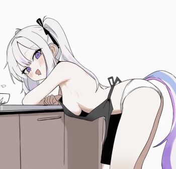 1girl animated apron ayatsuno_yuni bent_over black_apron breasts from_side just_0012 long_hair looking_at_viewer looking_back looping_animation medium_breasts open_mouth panties purple_eyes sideboob simple_background smile solo stellive tagme tail underwear video virtual_youtuber white_background white_hair white_panties