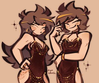 1boy 1girl alternate_costume antenna_hair bandaged_arm bandages blush_stickers body_chain bracelet breasts brown_hair cleavage clothing_cutout commentary cowboy_shot crossdressing crossdressing_(mtf) cutout_eyelashes dress dual_persona earrings eddsworld emocheeto english_commentary flower genderswap genderswap_(mtf) gold_bracelet gold_ring hair_ears halter_dress halterneck hand_on_own_hip highres hoop_earrings jewelry long_hair matching_outfits medium_breasts multiple_rings pectoral_cleavage pectorals red_dress red_flower red_rose ring rose scar short_hair simple_background smile sparkle thick_lineart thigh_cutout tord_(eddsworld) tori_(eddsworld) very_long_hair