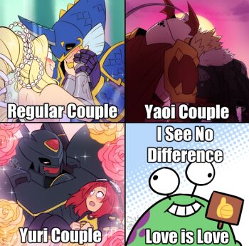 aiba_ami alphamon artist_name bechno_kid beelzebumon blonde_hair breasts digimon digimon_(creature) digimon_story:_cyber_sleuth digimon_story:_time_stranger dukemon english_text eyewear_on_head hair_ornament kuremi_kyouko long_hair meme merman monster_boy multiple_boys neptunemon numemon shirt signature simple_background venusmon yaoi yuri