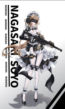 Rule 34 | 1girl, assault rifle, bang dream!, bang dream! it's mygo!!!!!, black gloves, black mask, black shoes, breasts, brown hair, character name, chibi, commentary request, covered erect nipples, full body, gloves, gun, h&amp;k hk416, headdress, headset, highres, holding, holding gun, holding weapon, iue (pixiv 95802465), large breasts, long hair, maid, maid headdress, microphone, nagasaki soyo, pantyhose, rifle, shoes, solo, very long hair, weapon, white background, white gloves, white pantyhose