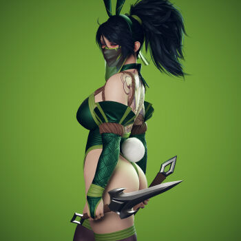1girl 3d absurdres akali alternate_costume animal_ears ass back_tattoo black_hair blender_(medium) breasts bridal_gauntlets cowboy_shot dagger dragon_tattoo dual_wielding fake_animal_ears fake_tail from_side green_background green_hairband green_leotard hairband high_ponytail highleg highleg_leotard highres holding holding_dagger holding_knife holding_weapon knife large_breasts league_of_legends leotard long_hair looking_at_viewer mask mouth_mask mouth_veil playboy_bunny ponytail rabbit_ears rabbit_tail red_eyes ryanreos see-through_clothes shoulder_tattoo sideways_glance solo tail tattoo thighhighs veil weapon