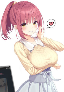 1girl :d absurdres alternate_costume alternate_hairstyle arm_under_breasts blurry blush breasts casual commentary_request cowboy_shot depth_of_field eyelashes eyes_visible_through_hair futamihara_ririko grin hair_between_eyes heart high-waist_skirt highres kimuratamashi large_breasts limelight_lemonade_jam looking_at_viewer medium_hair open_mouth partial_commentary ponytail red_hair ribbed_sweater sidelocks simple_background skirt sleeves_past_wrists smile solo speech_bubble spoken_heart straight_hair sweater white_background white_skirt yellow_eyes yellow_sweater