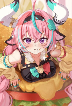 1girl :t ahoge animal_ears aqua_bow aqua_hair bare_shoulders bell bow braid breasts burger commentary_request cow_ears cow_girl cow_horns detached_sleeves dot_nose food food_on_face genshin_impact hair_between_eyes hair_ornament hairband horn_ornament horns large_breasts long_hair looking_at_viewer multicolored_hair murabito_b pink_hair purple_eyes red_bow twin_braids varesa_(genshin_impact) watermark x_hair_ornament