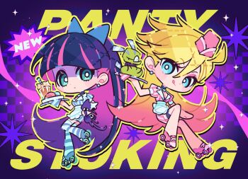 Rule 34 | 2girls, ahoge, animal, apron, blonde hair, blue bow, blue dress, blue eyes, blue shoes, blunt bangs, bow, cat, character name, chibi, chibi only, choker, chuck (psg), closed mouth, copyright name, dress, earrings, frilled thigh strap, full body, green eyes, hair between eyes, hair bow, hat, heart, heart choker, holding, holding animal, holding cat, holding plate, jewelry, long hair, milkshake, mini hat, multicolored hair, multiple girls, panty &amp; stocking with garterbelt, panty (psg), pink dress, pink hair, pink hat, pink shoes, plate, ponytail, puffy short sleeves, puffy sleeves, purple hair, roller skates, shoes, short dress, short sleeves, skates, sparkle, stocking (psg), striped clothes, striped dress, striped thighhighs, thigh strap, thighhighs, tongue, tongue out, two-tone hair, waist apron, waitress, znal km