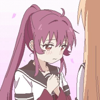 Rule 34 | 2girls, black sailor collar, blonde hair, blush, collarbone, commentary request, confession, couple, furrowed brow, highres, long sleeves, looking down, multiple girls, pink background, pink petals, pixel art, ponytail, purple eyes, purple hair, sailor collar, sailor shirt, shirt, shy, simple background, sugiura ayano, toshinou kyouko, upper body, wavy hair, yuri, yuru kaze, yuruyuri