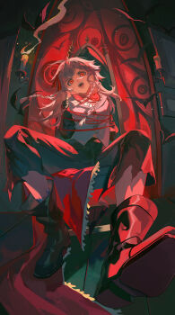 1girl absurdres angry ankle_boots backlighting black_boots black_coat black_pants boots bound bound_torso candle coat dark fangs from_below full_body grey_hair highres jacket long_hair looking_at_viewer open_mouth pants quad_tails red_eyes red_light red_rope relws reverse:1999 rope rubuska sitting smoke solo teeth tied_up_(nonsexual) v-shaped_eyebrows white_jacket window
