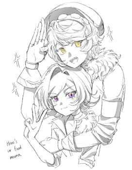 1boy 1girl beanie_hat choker coat glitch_productions hat highres humanization murder_drones n_(murder_drones) personification purple_eyes striped uzi_(murder_drones) yellow_eyes