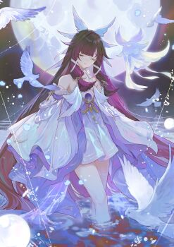 1girl absurdres bare_shoulders bird black_hair closed_eyes columbina_(genshin_impact) commentary cowboy_shot daimaou_ruaeru dress eye_mask full_moon genshin_impact hashtag-only_commentary head_wings highres long_hair luonnotar_(genshin_impact) mask moon multicolored_hair partially_submerged purple_hair ribbon smile solo symbol-only_commentary water white_dress white_ribbon wings