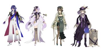 4girls absurdres acheron_(honkai:_star_rail) alternate_costume black_boots black_gloves black_swan_(honkai:_star_rail) blue_gloves blue_hair boots breasts brown_hair brown_pantyhose cleavage closed_mouth cup dr.k dress flower gloves green_dress green_gloves hair_between_eyes hand_on_own_hip hat hat_flower herta_(honkai:_star_rail) highres holding holding_cup honkai:_star_rail honkai_(series) hoyofair long_hair long_sleeves looking_at_viewer multiple_girls pantyhose parted_lips purple_dress purple_eyes purple_flower purple_hair ruan_mei_(honkai:_star_rail) simple_background sketch smile standing the_herta_(honkai:_star_rail) thighhighs white_background