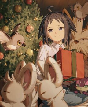 1boy black_hair blue_eyes blue_pants box cheren_(pokemon) christmas christmas_lights christmas_ornaments christmas_tree cinccino closed_eyes closed_mouth collared_shirt denim gen_5_pokemon gift gift_box highres holding holding_box jeans kneeling long_sleeves looking_to_the_side male_focus mint_pk necktie nintendo pants parted_bangs pidove pokemon pokemon_(creature) pokemon_bw2 red_necktie shirt short_hair sideways_glance solo stoutland tree white_shirt wing_collar