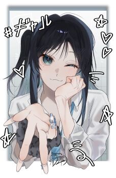 1girl 52_userhz :3 absurdres ado_(utaite) black_hair blue_eyes blue_hair blue_necktie blush chando_(ado) colored_inner_hair commentary fingernails grey_nails gyaru gyaru_w head_rest highres long_fingernails long_hair looking_at_viewer multicolored_hair necktie one_eye_closed one_side_up scrunchie shirt solo utaite w white_shirt wrist_scrunchie