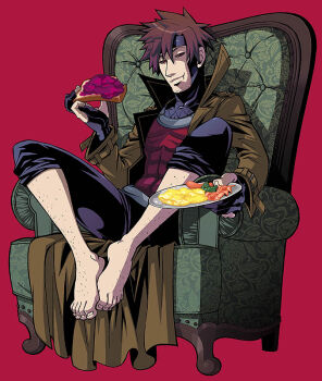 1boy animification barefoot body_hair brown_hair chair coat eating facial_hair feet fingerless_gloves food full_body gambit gloves hairy_legs jpeg_artifacts leg_hair male_focus marvel red_eyes simple_background solo stubble togatsuko trench_coat x-men