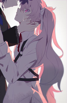 25-ji_miku 2girls absurdres asahina_mafuyu backlighting black_dress bow chinese_commentary collared_dress commentary crying crying_with_eyes_open dress frilled_sleeves frills from_side grey_background hair_bow hands_on_another&#039;s_cheeks hands_on_another&#039;s_face hatsune_miku highres long_sleeves looking_at_another looking_up multiple_girls neck_ribbon parted_lips pink_eyes pink_hair profile project_sekai purple_hair red_ribbon ribbon simple_background solo_focus tears twintails upper_body vignetting vocaloid white_bow white_dress ximuye yuri