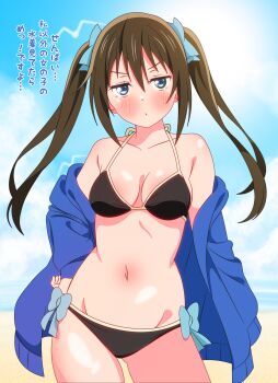 1girl absurdres armpit_crease bare_shoulders beach bikini black_bikini blue_eyes blue_jacket blue_ribbon blue_sky blush breasts brown_hair cleavage cloud commentary_request gluteal_fold hair_ribbon hand_on_own_hip highres jacket jacket_partially_removed legs_apart long_hair looking_at_viewer love_live! love_live!_nijigasaki_high_school_idol_club medium_breasts navel osaka_shizuku pout ribbon shinonome_sakura sky solo stomach swimsuit translation_request twintails