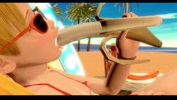 1girl 3d animated banana beach bikini blonde_hair breasts covered_erect_nipples female_focus flat_chest food fruit green_eyes hanzohatori highres illusion_soft inspector_gadget loli looping_animation outdoors parody penny_(inspector_gadget) sexually_suggestive small_breasts solo sunglasses swimsuit tagme twintails video video