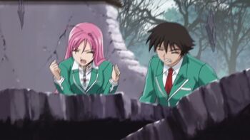 00s 1boy 1girl accident ahoge akashiya_moka animated animated_gif aono_tsukune breasts collar grabbing_another&#039;s_breast green_eyes groping long_hair pink_hair red_eyes rosario+vampire school_uniform transformation white_hair