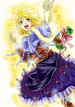 1girl adapted_costume black_skirt blonde_hair blue_capelet blush boots breasts brown_boots brown_sweater buttons capelet commentary_request foot_out_of_frame frilled_skirt frills green_eyes highres looking_afar medium_breasts mittens mizuhashi_parsee open_mouth pointy_ears purple_skirt scarf shiba_meiji short_hair skirt smile solo sweater touhou winter_clothes yellow_background yellow_mittens yellow_scarf