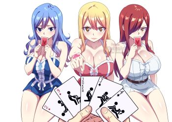 3girls bare_arms bare_shoulders belt blonde_hair blue_eyes blue_hair breasts brown_belt brown_eyes card cleavage closed_mouth clothing_request commentary english_commentary erza_scarlet fairy_tail fellatio hair_over_one_eye heart heart-shaped_pupils highres holding holding_card juvia_lockser large_breasts lips long_hair looking_at_viewer lucy_heartfilia multiple_girls oral playing_card red_hair simple_background sitting symbol-shaped_pupils white_background yookanart