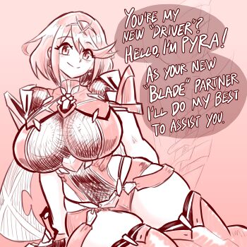 1girl absurdres breasts english_text highres large_breasts monochrome pyra_(xenoblade) sawplanik short_hair xenoblade_chronicles_(series) xenoblade_chronicles_2