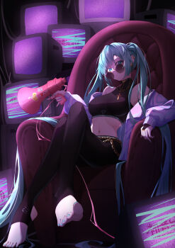 1girl absurdres bare_shoulders blue_eyes blue_hair blunt_bangs breasts bridal_gauntlets chain choker cross cross_choker crossed_legs earrings hatsune_miku highres holding holding_megaphone hood hoodie jewelry long_hair long_sleeves looking_at_viewer looking_over_eyewear looking_over_glasses medium_breasts megaphone midriff navel ningjuice open_clothes open_hoodie parted_lips sitting solo sunglasses teeth television tinted_eyewear toeless_legwear twintails very_long_hair vocaloid
