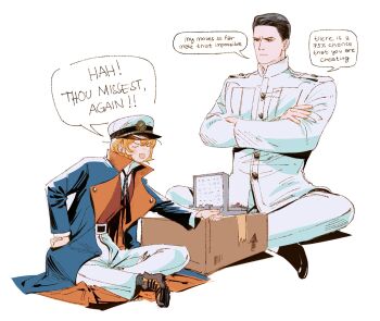1boy 1girl battleship_(game) black_hair blonde_hair blue_coat box brown_vest cardboard_box closed_eyes coat collared_shirt crossed_arms don_quixote_(project_moon) english_text hand_on_own_hip hat highres jacket limbus_company looking_at_another meursault_(project_moon) military_uniform open_clothes open_coat open_mouth pants peaked_cap project_moon shirt short_hair simple_background sitting smile speech_bubble vest wenli white_background white_jacket white_pants white_shirt