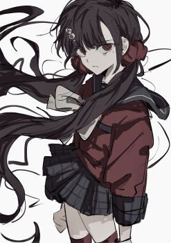 1girl absurdres arms_at_sides black_hair black_sailor_collar black_skirt blunt_bangs bow bowtie brown_hair commentary_request cowboy_shot danganronpa_(series) danganronpa_v3:_killing_harmony earrings frown grey_bow grey_bowtie hair_ornament hair_scrunchie harukawa_maki highres jewelry long_hair long_sleeves looking_at_viewer low_twintails mole mole_under_eye pleated_skirt red_eyes red_scrunchie red_shirt red_thighhighs sailor_collar school_uniform scrunchie shirt skirt solo stud_earrings thighhighs twintails very_long_hair wa_noko white_background wind wind_lift