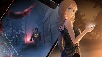 1boy 1girl absurdres bare_shoulders bare_tree bird black_dress black_gloves black_headwear blonde_hair blood blue_eyes breasts cellphone crate crow dead_by_daylight dress facing_to_the_side floral_print gloves highres holding holding_knife holding_phone kate_denson the_clown_(dead_by_daylight) knife large_breasts looking_at_viewer night official_art parted_lips phone smartphone suyamori tree