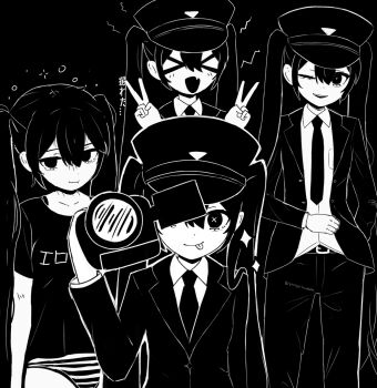 &gt;_&lt; 4girls belt black_background black_belt black_eyes black_hair black_necktie black_pants black_suit borrowed_character bright_pupils bubble buttons camcorder camera channel_(caststation)_(character) closed_mouth clothes_writing collarbone double_v empty_eyes fang formal_clothes highres holding holding_camera long_hair looking_at_viewer multiple_girls necktie one_eye_closed open_mouth original panties pants short_sleeves simple_background skin_fang sparkle suit symbol-shaped_pupils tongue twintails twitter_username underwear v variations very_long_hair video_camera white_pupils x-shaped_pupils yuriyalloween