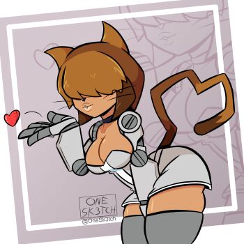 1girl blowing_kiss blush breasts brown_hair cat_girl cleavage furry gameoverse glitch_productions hair_over_eyes huge_breasts mature_female mechanical_arms one-sketch tail tina_(gameoverse)