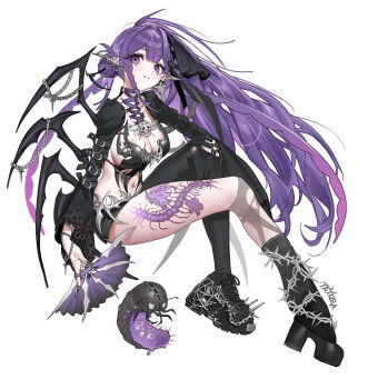 1girl 666666ttr absurdres asymmetrical_clothes black_socks hand_fan highres mole mole_under_eye navel_piercing original piercing pointy_ears purple_eyes purple_hair single_pantsleg sitting socks solo tattoo