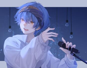 1boy blue_background blue_hair blue_hairband commentary english_commentary grey_jacket hair_between_eyes hairband hands_up hanging_light highres holding holding_microphone jacket letterboxed light_bulb long_sleeves male_focus microphone mooshiki open_mouth orange_eyes original outside_border short_hair smile solo turning_head upper_body