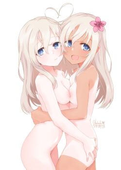 Rule 34 | 2girls, ahoge, alakoala, asymmetrical docking, blue eyes, breast press, breasts, closed mouth, collarbone, commentary request, completely nude, cowboy shot, dated, dual persona, flower, grey hair, hair between eyes, hair flower, hair ornament, hand on another's ass, hand on another's waist, highres, kantai collection, long hair, multiple girls, nipples, nude, one-piece tan, open mouth, pale skin, ro-500 (kancolle), signature, simple background, small breasts, tan, tanline, u-511 (kancolle), white background, yuri