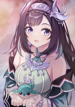 1girl 440_(straight440) absurdres bare_shoulders black_hair bracelet breasts collarbone commentary_request detached_sleeves dress genshin_impact green_dress green_hair hair_intakes halo highres jewelry lan_yan_(genshin_impact) large_breasts long_hair long_sleeves looking_at_another open_mouth purple_eyes side_slit silver_bracelet silver_hairband sleeveless sleeveless_dress very_long_hair wide_sleeves