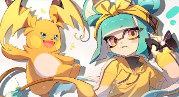 1girl absurdres aqua_hair black_bow blue_eyes bow chu_u0spl fangs gen_1_pokemon hairband highres inkling inkling_girl inkling_player_character jacket looking_at_viewer medium_hair mega_evolution mega_raichu_y mega_stone nintendo open_mouth pokemon pokemon_(creature) raichu smile sparkle splatoon_(series) splatoon_3 tail tentacle_hair yellow_eyes yellow_hairband yellow_jacket