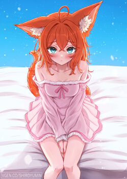 1girl animal_ears between_legs blue_eyes breasts character_request commission copyright_request dress fox_ears fox_girl fox_tail frilled_dress frills hand_between_legs highres long_hair long_sleeves looking_at_viewer medium_breasts off-shoulder_dress off_shoulder orange_hair own_hands_together palms_together pink_dress shiroyumin shy sitting sparkle tail vgen_commission virtual_youtuber
