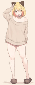 1girl :p absurdres bad_id bad_twitter_id blonde_hair brown_sweater cloba commentary english_commentary full_body highres naked_sweater original short_hair simple_background solo standing sweater tongue tongue_out white_background yellow_eyes