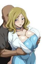 1boy 1girl blonde_hair blush breasts cleavage code_geass collar grabbing_another&#039;s_breast groping highres huge_breasts iwao178 long_hair milly_ashford simple_background white_background