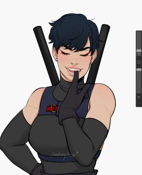 Rule 34 | 1girl, art program in frame, biting own finger, black gloves, black hair, breasts, closed eyes, commentary, detached sleeves, earrings, english commentary, gloves, hand on own hip, highres, jewelry, kankuroplease, large breasts, open mouth, original, pink lips, short hair, signature, smile, solo, stud earrings, sword, sword on back, toned, toned female, upper body, weapon, weapon on back