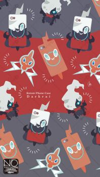 blue_eyes blue_sclera cellphone colored_sclera commentary_request darkrai gen_4_pokemon grin highres legendary_pokemon long_hair meme_(sleepsheep) mythical_pokemon nintendo no_humans phone pokemon pokemon_(creature) pokemon_focus rotom rotom_phone smartphone smartphone_case smile smoke teeth whisp white_hair