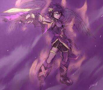 Rule 34 | 1boy, ahoge, angel, angel wings, bike shorts, dark pit, dark pit staff (kid icarus), full body, kid icarus, kid icarus uprising, laurel crown, looking at viewer, male focus, nintendo, purple theme, sketch, solo, source request, standing, wings, yui fightpaint