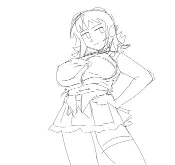 1girl breasts closed_mouth expressionless from_below goggles goggles_on_head gumi hand_on_own_hip hatsuno headphones jacket large_breasts looking_to_the_side mob_face monochrome short_hair simple_background sketch skirt vocaloid