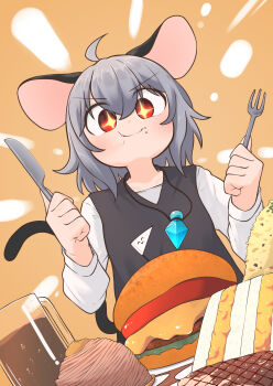 Rule 34 | + +, 1girl, :t, absurdres, ahoge, animal ears, beer mug, blush, burger, closed mouth, cola, commentary request, commission, cup, egg sandwich, food, fork, fried rice, greenpiecerice, grey hair, grey vest, highres, holding, holding fork, holding knife, jewelry, knife, long sleeves, mont blanc (food), mouse ears, mouse girl, mouse tail, mug, nazrin, necklace, orange background, pendant, red eyes, sandwich, shirt, short hair, skeb commission, smile, soda, solo, tail, touhou, upper body, vest, white shirt