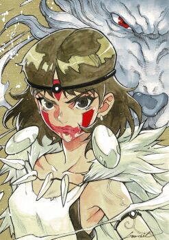 1girl blood blood_from_mouth breasts brown_hair circlet cloak earrings facepaint fur_cloak furrowed_brow godtail hashtag-only_commentary highres jewelry kodama medium_breasts mononoke_hime necklace red_eyes san_(mononoke_hime) shirt short_hair signature tooth_necklace torn_clothes torn_shirt traditional_media upper_body white_shirt white_wolf wolf