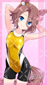 1girl adversarial_noise animal_ears artist_name bike_shorts blue_eyes breasts brown_hair character_name competition_swimsuit cowboy_shot hair_between_eyes highres horse_ears horse_girl horse_tail inaba_shiki looking_at_viewer multicolored_swimsuit narita_taishin_(umamusume) one-piece_swimsuit short_hair small_breasts solo swimsuit swimsuit_over_clothes tail umamusume watermark watermark_grid yellow_one-piece_swimsuit