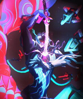 1boy arms_up artist_name blue_hair body_markings colored_skin commentary dottore_(genshin_impact) drawing_sword electricity english_commentary evil_smile eye_mask floating genshin_impact glowing glowing_sword glowing_weapon head_tilt highres holding holding_sword holding_weapon human_scabbard katana light_particles littleredhoodd mask mechanical_arms mitsudomoe_(shape) multicolored_skin musou_isshin_(genshin_impact) official_alternate_costume open_mouth parted_bangs scene_reference smile solo spoilers sword tomoe_(symbol) twitter_username upper_body wavy_hair weapon