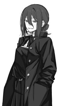 1girl chainsaw_man coat dress egomeshi fourth_east_high_school_uniform greyscale hair_between_eyes hair_bun highres looking_at_viewer monochrome neck_ribbon pinafore_dress reze_(chainsaw_man) ribbon school_uniform sleeveless sleeveless_dress solo