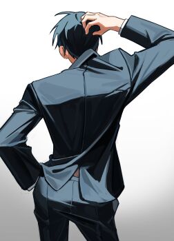 1boy absurdres alien_stage black_hair black_jacket black_pants commentary english_commentary hand_on_own_head highres ivan_(alien_stage) jacket kuradrawings long_sleeves male_focus pants solo suit_jacket