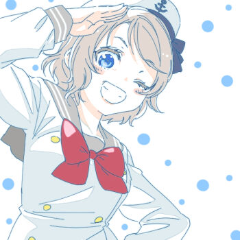 Rule 34 | 1girl, anchor, anchor symbol, arm up, blue background, blue eyes, blush, bow, bowtie, brown hair, buttons, collarbone, collared shirt, commentary, grey hair, grey sailor collar, hat, head tilt, long sleeves, love live!, love live! sunshine!!, one eye closed, polka dot, polka dot background, red bow, red bowtie, sailor collar, sailor hat, salute, school uniform, serafuku, shinanoya (satanicad), shirt, short hair, simple background, sleeve cuffs, smile, solo, teeth, untranslatable commentary, upper body, uranohoshi school uniform, watanabe you, wavy hair, white background, wrist cuffs